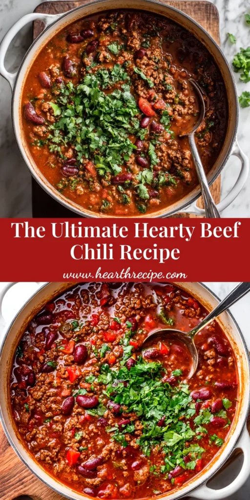 A large white bowl filled with a hearty beef chili recipe, topped with shredded cheese and fresh cilantro. A spoon rests in the bowl.