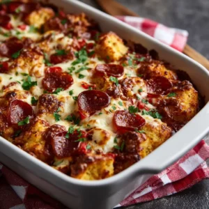 A 9x13 inch baking dish filled with the fully assembled Biscuit Pizza Casserole before baking, showing the layers of biscuit dough, meat sauce, and mozzarella cheese.