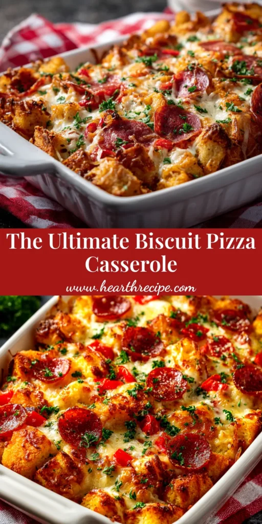 A delicious slice of Biscuit Pizza Casserole on a white plate, showcasing the fluffy biscuit base, savory meat filling, and golden, melted mozzarella cheese.