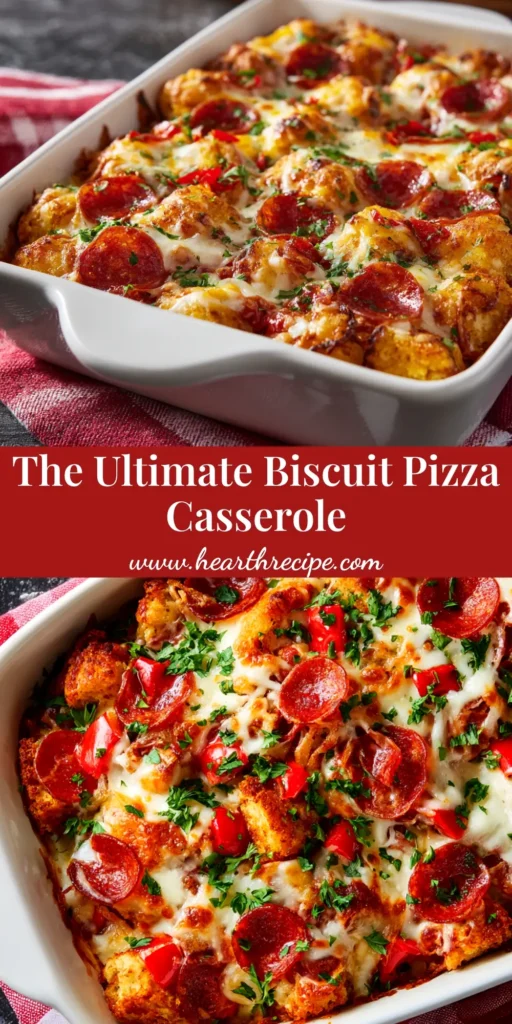A close-up shot of a golden-brown biscuit pizza casserole in a baking dish, showcasing the melted cheese, pepperoni, and fluffy biscuit top.