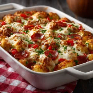 A scoop of ground beef pizza casserole on a spatula, being lifted from a baking dish, showing the cheesy layers.