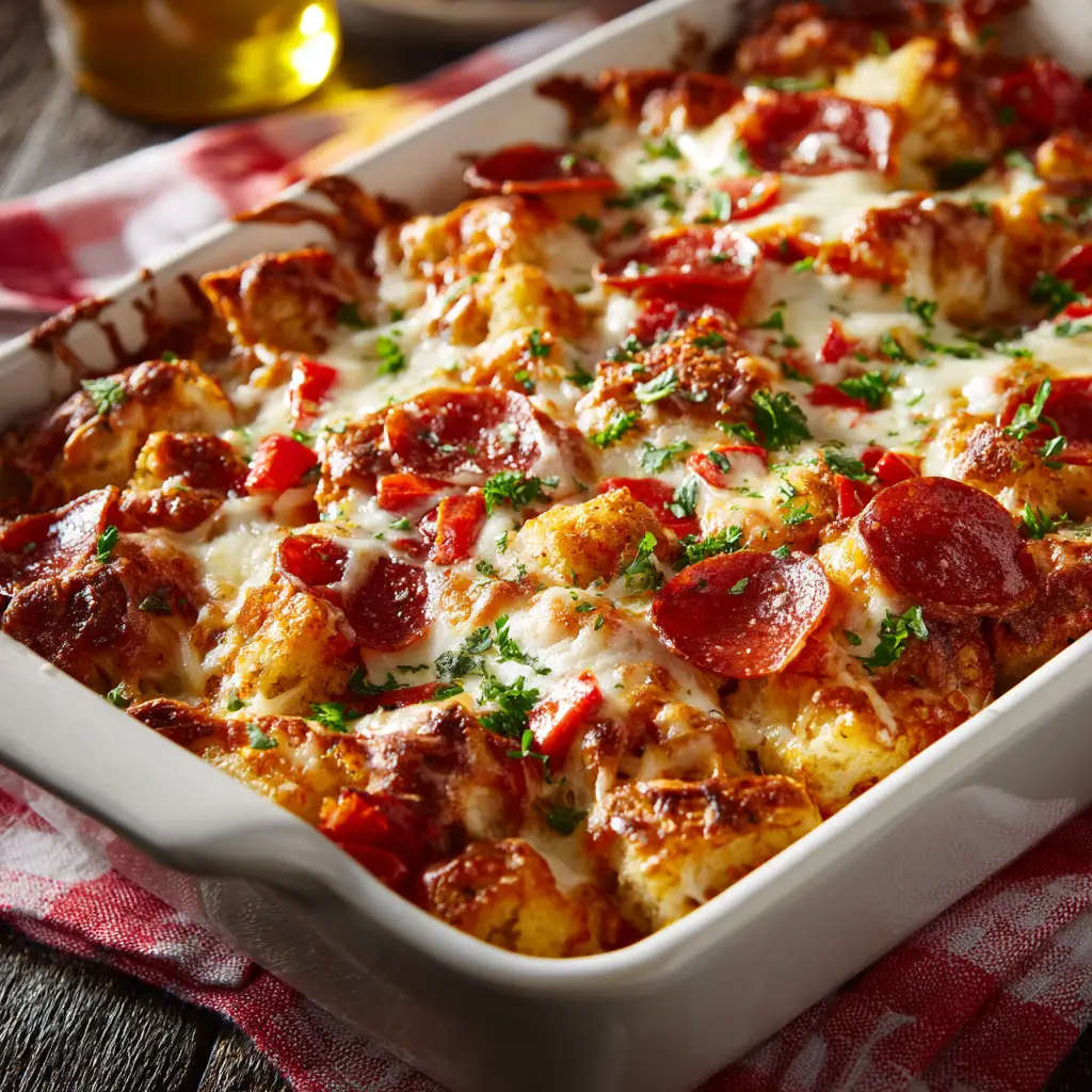 A top-down view of the finished biscuit pizza casserole, garnished with fresh basil in a rustic baking dish.