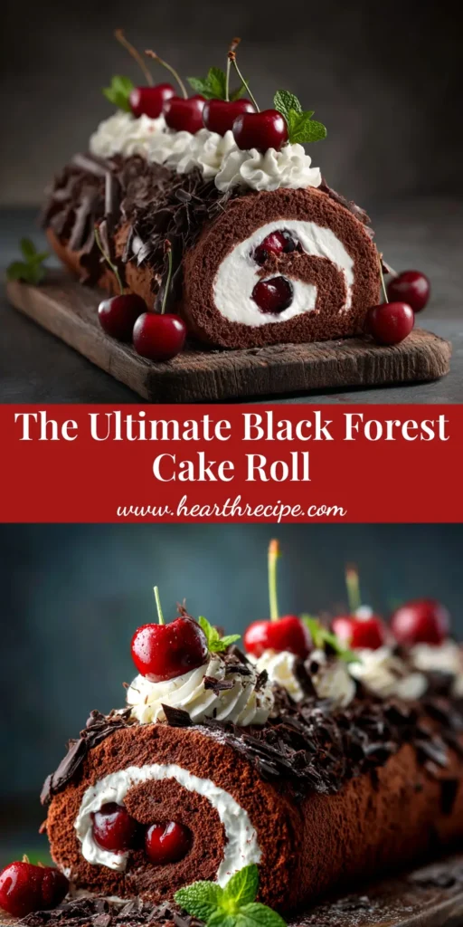 A stunning Black Forest Cake Roll on a serving platter, revealing a beautiful swirl of chocolate sponge, white cream, and cherry filling. Garnished with chocolate shavings and fresh cherries.