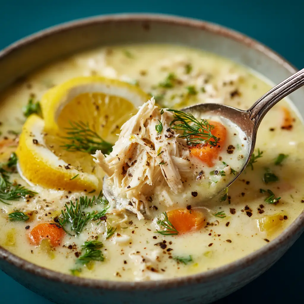 A delicious bowl of Avgolemono soup with tender shredded chicken and orzo, garnished with a lemon wedge on the side.