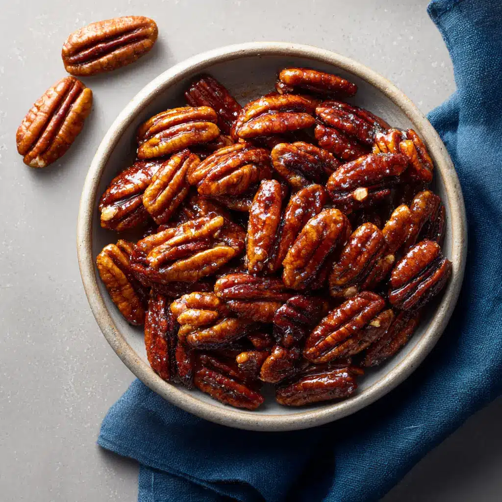 Maple Candied Pecans: The Easiest 10-Minute Recipe 1 A rustic white bowl filled with finished maple glazed pecans, showing off their perfectly crunchy and sweet coating.