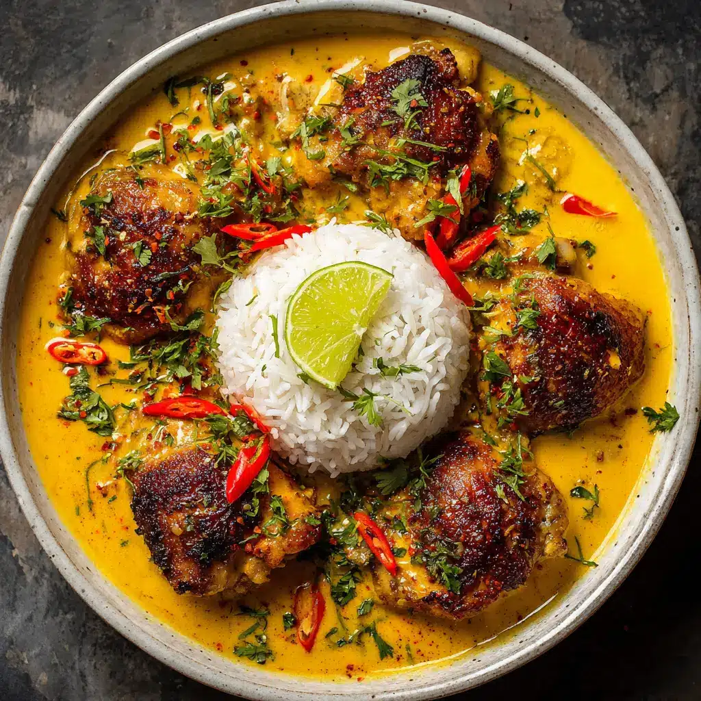 A beautiful final plating of the Brazilian Coconut Chicken served over fluffy white rice in a rustic bowl, garnished with fresh cilantro leaves.
