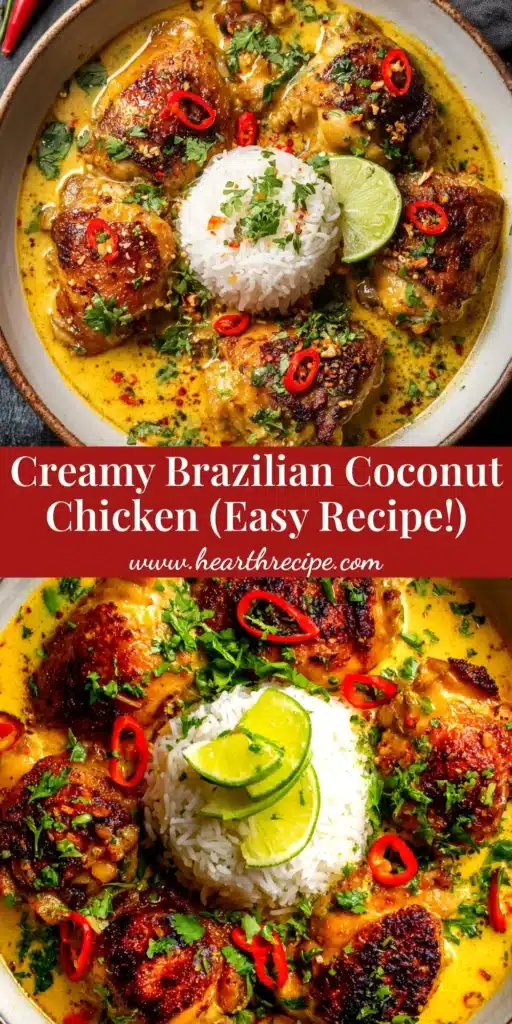 A stunning overhead shot of Brazilian Coconut Chicken in a white bowl, ready to be shared on Pinterest. The creamy, orange-tinted stew is garnished with fresh cilantro.