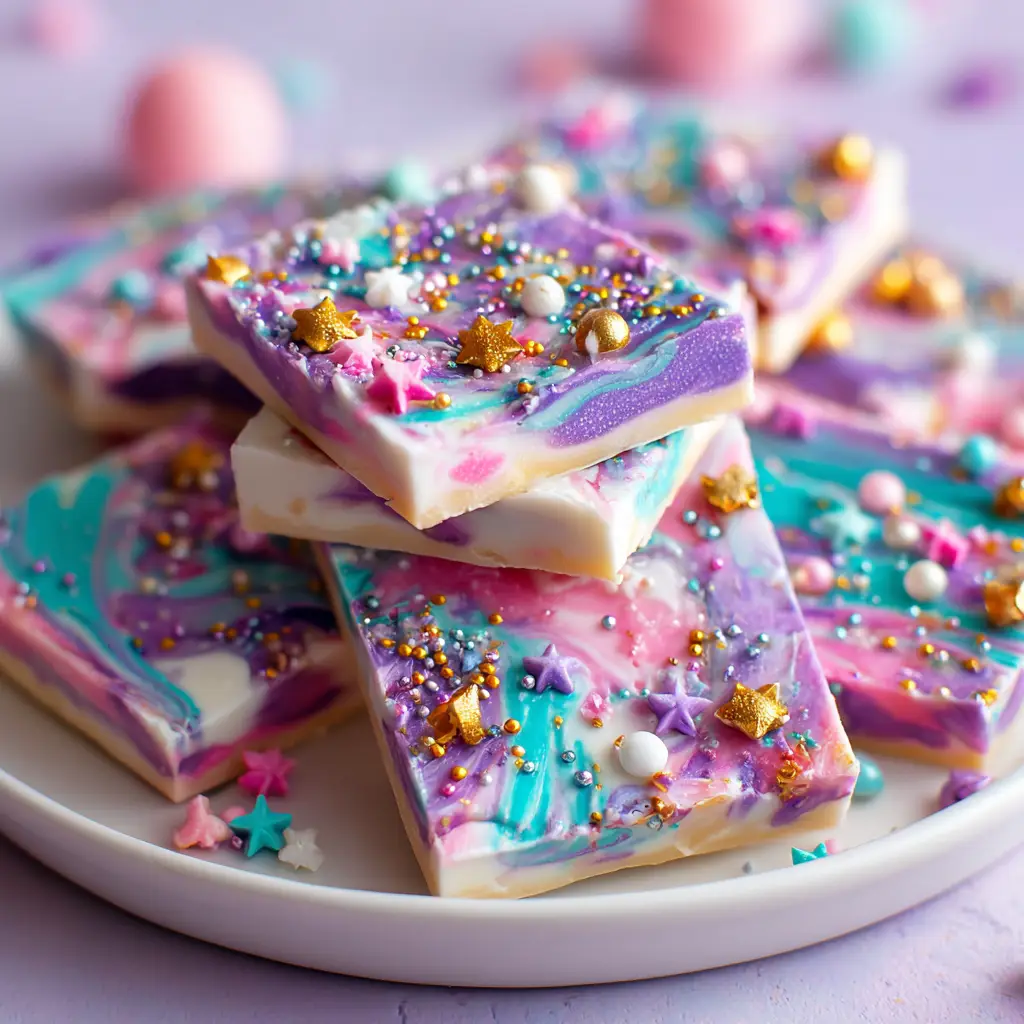 A hand breaking off a piece of frozen unicorn yogurt bark, showing its crisp texture and vibrant colors.