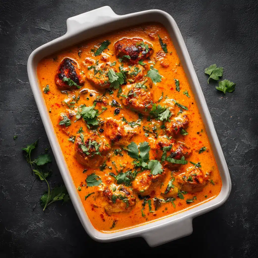 A close-up shot of the makhani gravy for the butter chicken recipe, showing its vibrant orange color and smooth, rich consistency before the chicken is added.