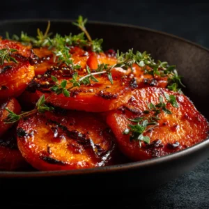 An extreme close-up shot of a honey-glazed roasted carrot slice, showing the beautiful caramelization and texture.