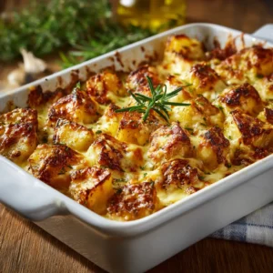 A scoop of the cheesy caramelized onion potato casserole being lifted from the baking dish, revealing the creamy layers of potatoes and onions.