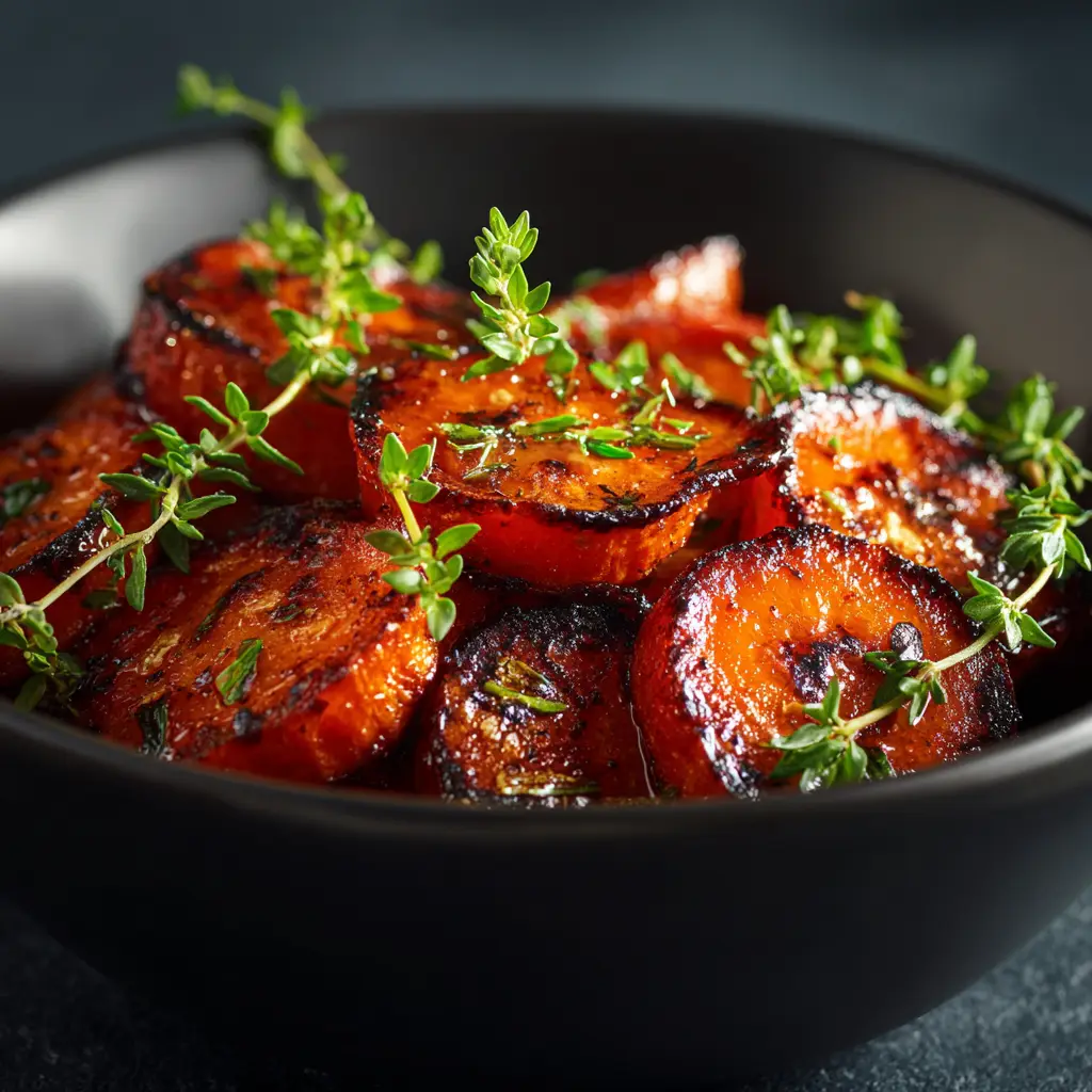 A macro photograph focusing on the caramelized edges of oven roasted carrots on a baking sheet fresh from the oven, showing their tender-crisp texture.