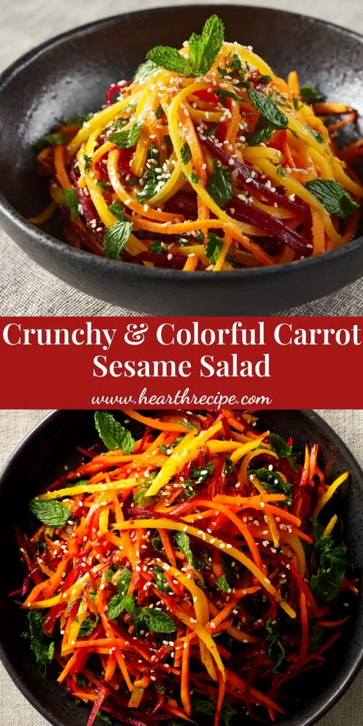 A vibrant Carrot Sesame Salad in a white bowl, garnished with fresh herbs and sesame seeds. The perfect healthy and easy side dish recipe.
