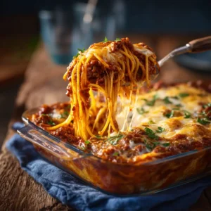 A hearty baked spaghetti casserole in a baking dish, with a large fork lifting a cheesy portion out.