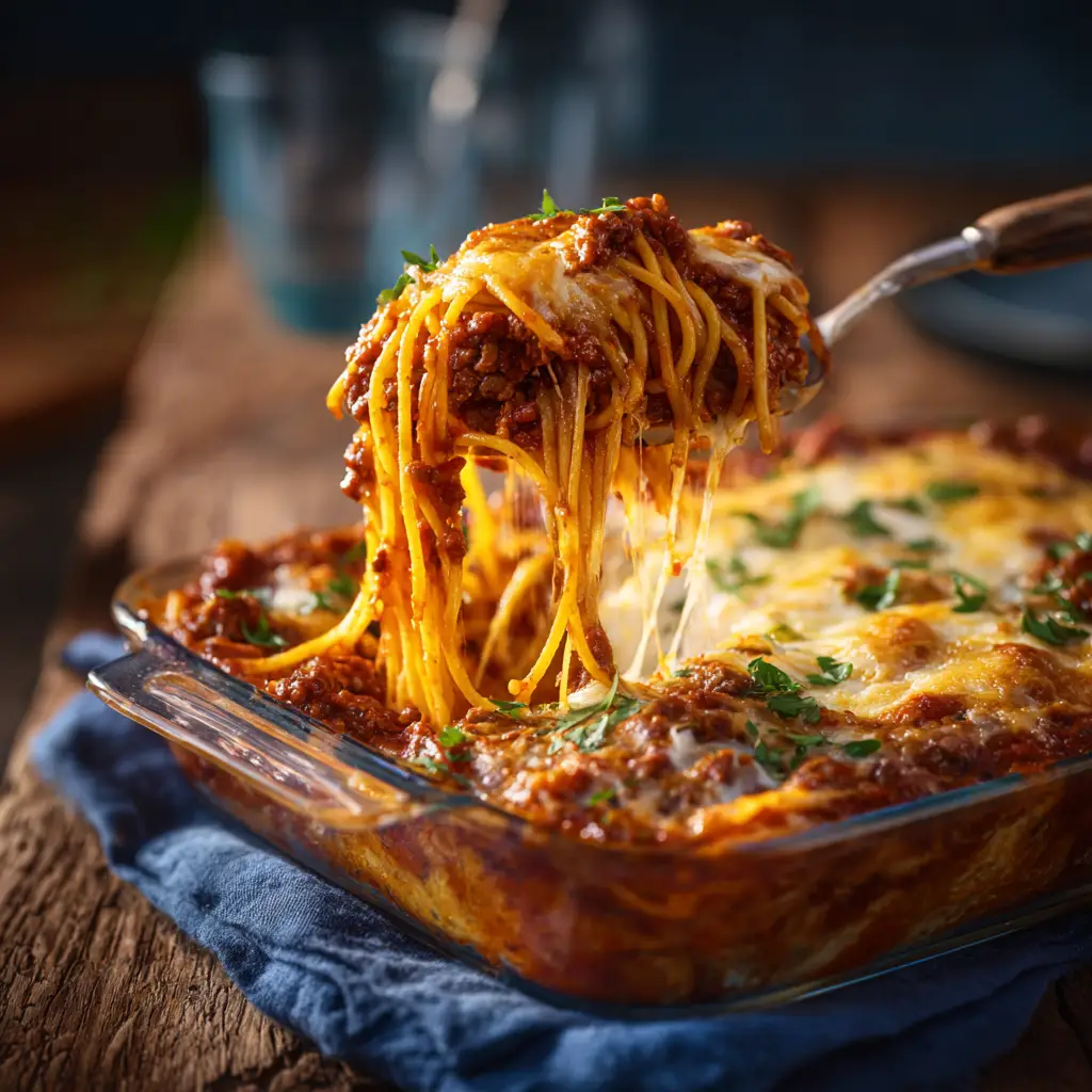 A hearty baked spaghetti casserole in a baking dish, with a large fork lifting a cheesy portion out.