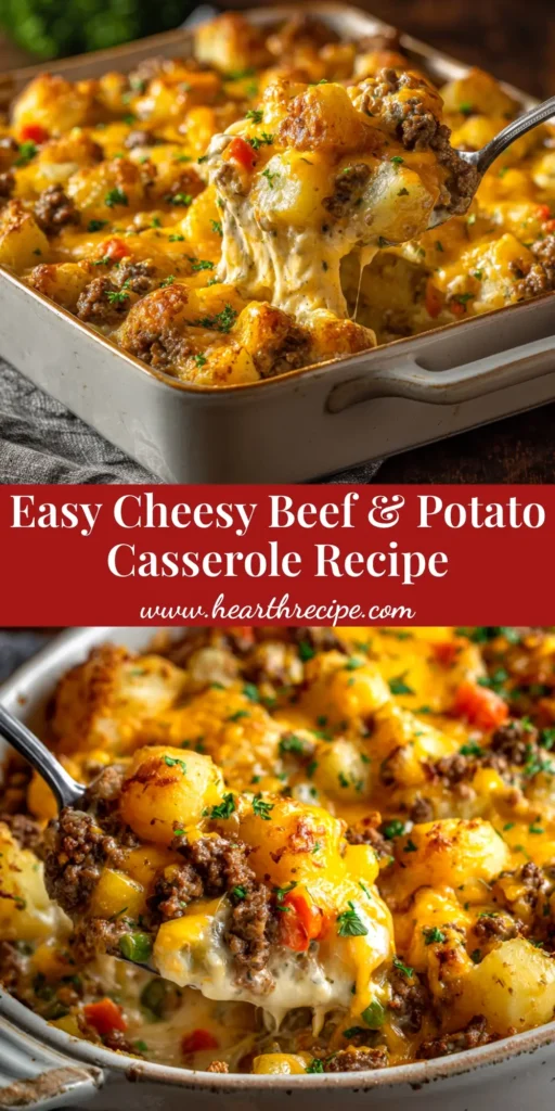 A delicious Cheesy Beef and Potato Casserole in a white baking dish, with a slice taken out to show the creamy layers of ground beef, potatoes, and melted cheese.