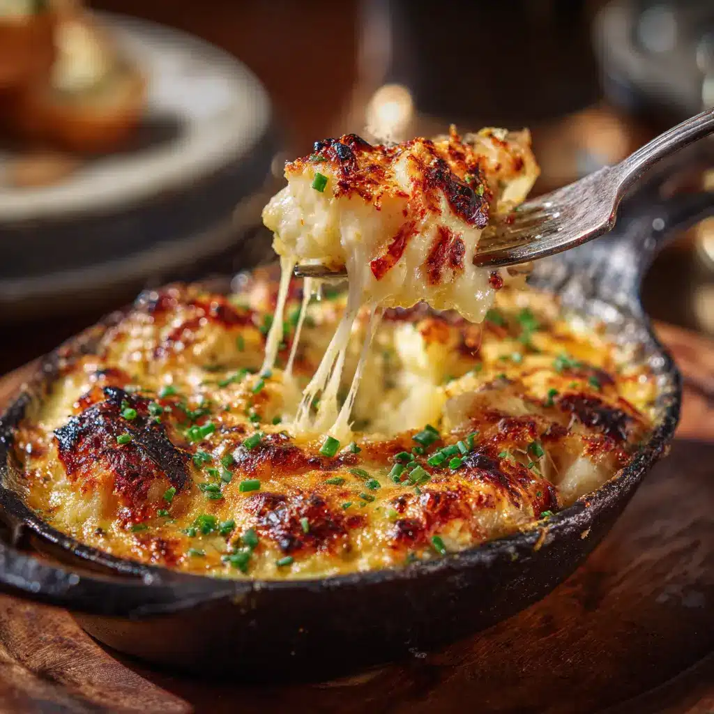 An intimate close-up shot of cheesy jumbo lump crab au gratin being scooped from a baking dish with a spoon. The creamy texture and golden-brown top are clearly visible.