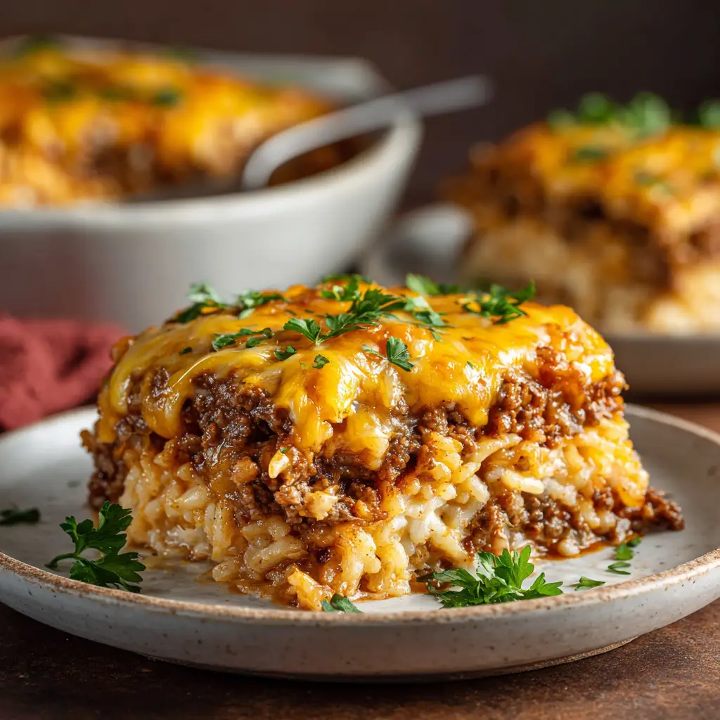 The French Onion Ground Beef Rice Casserole baking in a skillet, showcasing the bubbly, melted Gruyère cheese topping.