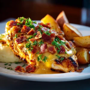 A close-up shot of the cheesy mushroom chicken, showcasing the perfectly melted Colby-Jack cheese over sautéed mushrooms and grilled chicken.