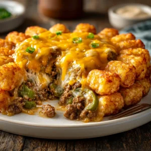 A single serving of cheesy ground beef Tater Tot Casserole on a plate, with a fork taking a bite, showing the creamy interior.