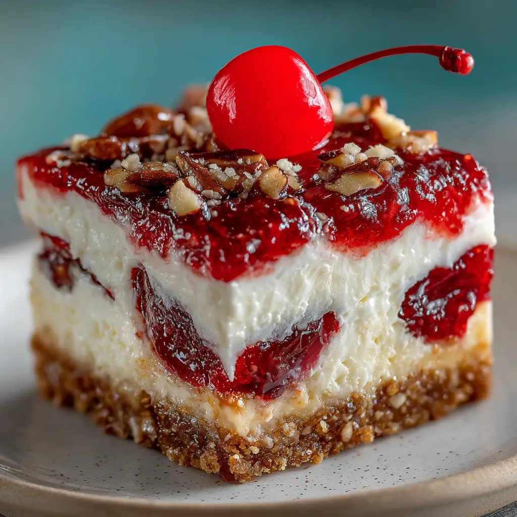 A close-up shot of a square slice of cherry pretzel salad on a dessert spatula. The layers of the pretzel jello salad are perfectly defined.