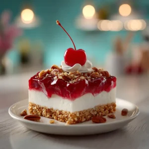 A close-up view of the creamy cheesecake layer being spread over the baked pretzel crust in a glass baking dish. This shows a key step in making the no-bake cherry pretzel dessert.