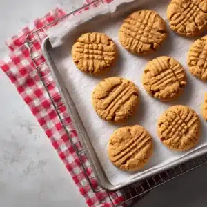 An overhead shot of freshly baked chewy peanut butter cookies cooling on a wire rack, showcasing their soft texture.