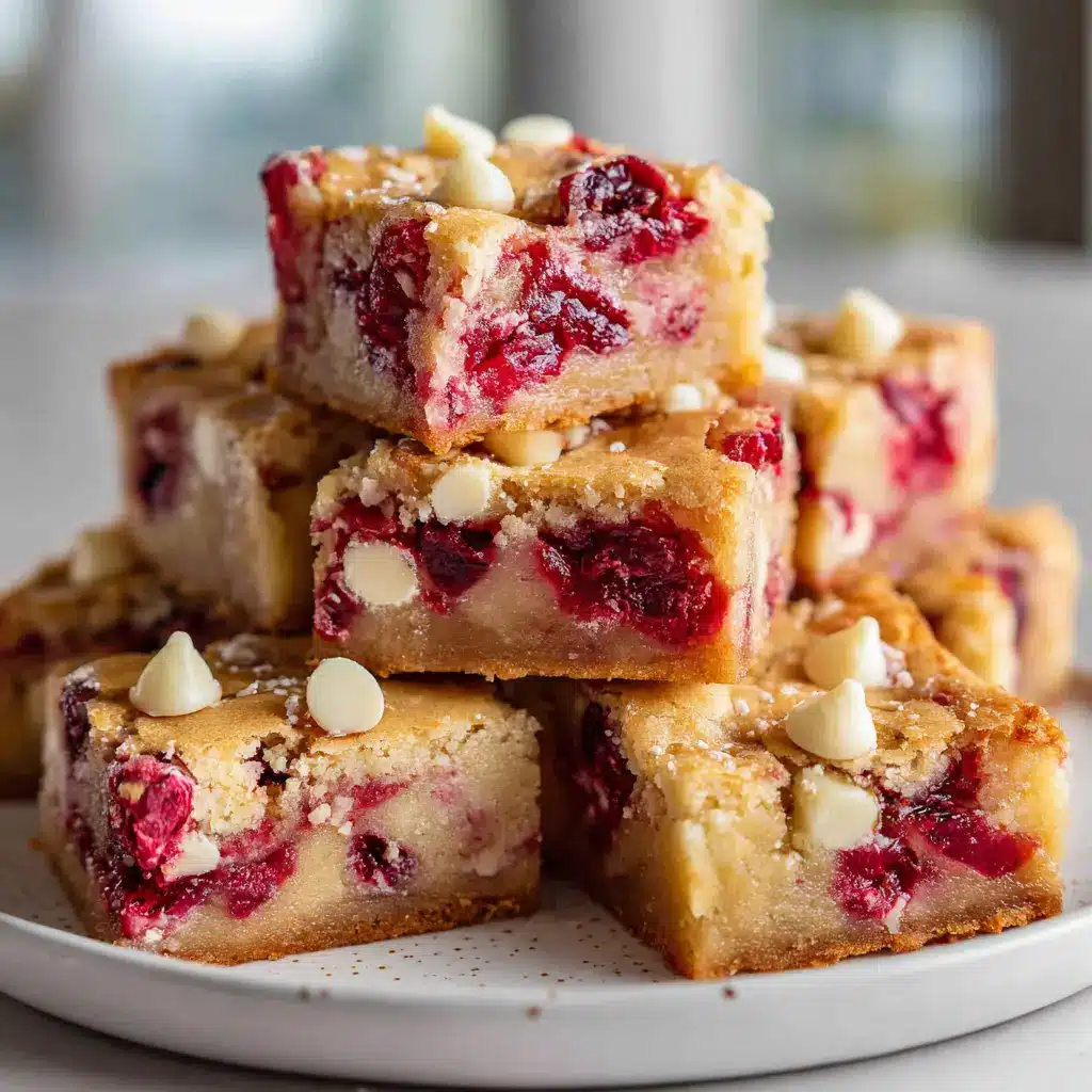 A close-up shot of a single chewy cranberry blondie bar, highlighting the melted white chocolate and tart dried cranberries.