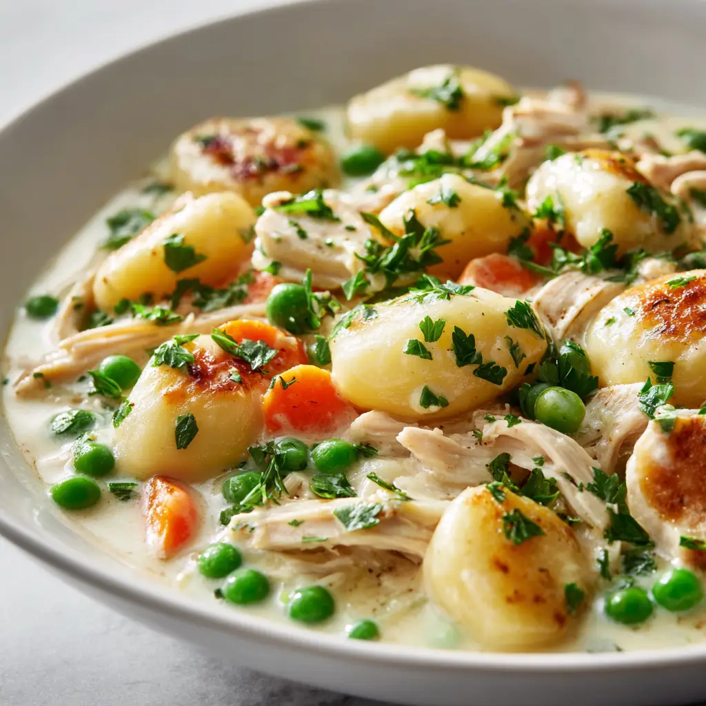 A spoonful of creamy chicken gnocchi soup being lifted from a bowl, highlighting the pillowy gnocchi dumplings.