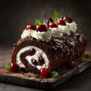 A close-up slice of chocolate cherry cake roll on a white plate, showcasing the perfect swirl and the distinct layers of cake, stabilized whipped cream, and cherry filling.