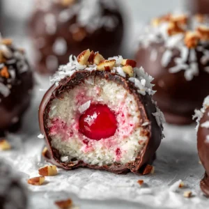 A close-up macro shot of a single chocolate cherry coconut truffle, highlighting its glossy chocolate shell and coconut topping.