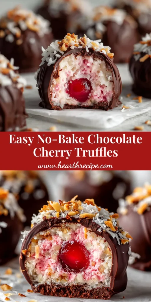 A stack of homemade Chocolate Maraschino Cherry Coconut Truffles on a plate, with one cut in half to show the cherry and coconut filling.
