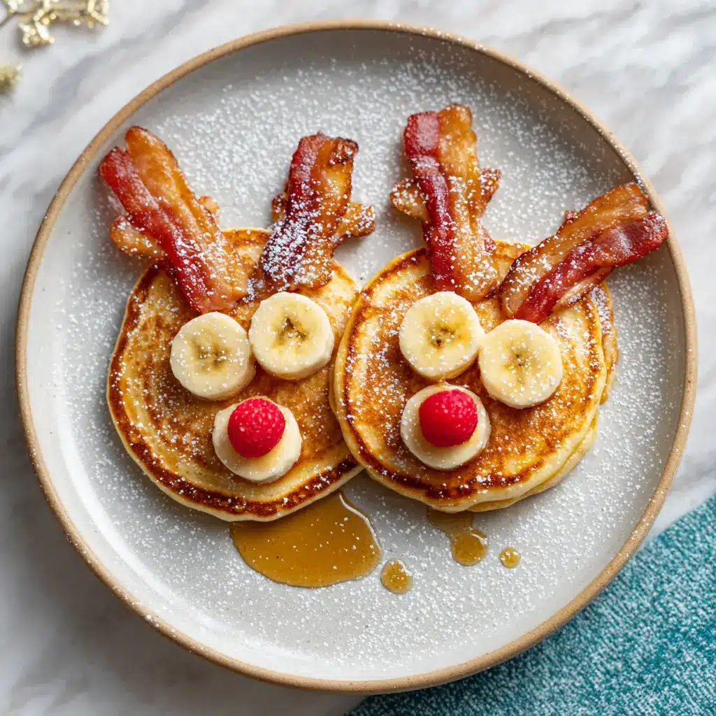 Reindeer Pancakes: The Ultimate Guide to a Fun Christmas Breakfast 1 A plate of Christmas morning breakfast featuring two Reindeer Pancakes, garnished with a light dusting of powdered sugar to resemble snow.