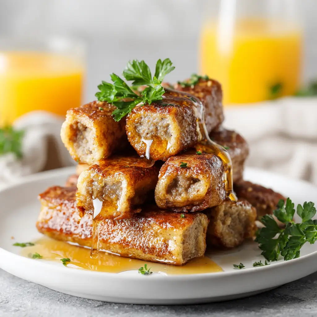 Sausage French Toast Roll-Ups being drizzled with maple syrup, showing the final serving suggestion.