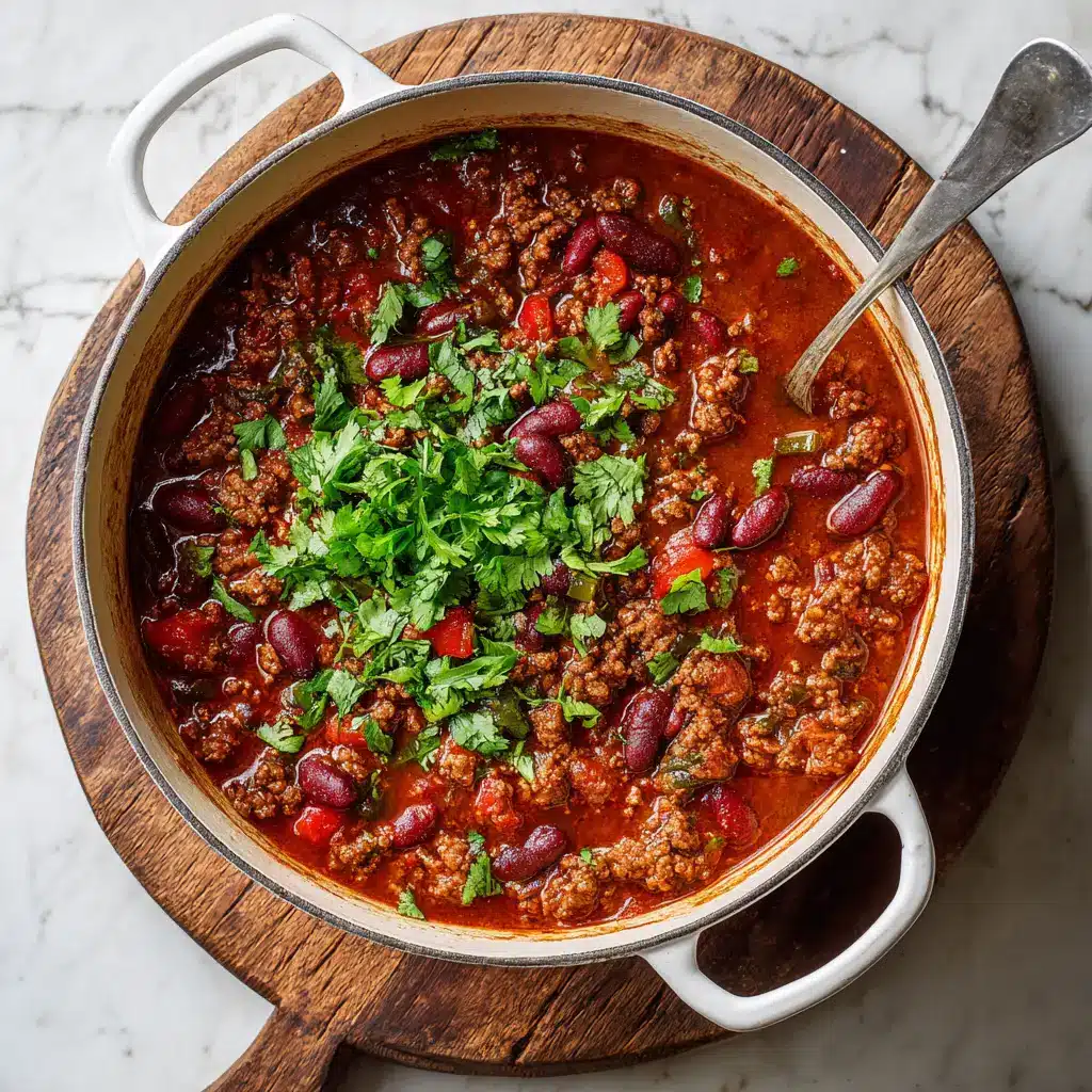 A step-by-step process shot showing spices being bloomed in the pot for the classic chili recipe.