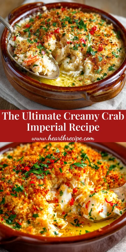 A delicious and easy Crab Imperial recipe baked in a white casserole dish. The top is golden brown and bubbly, ready to be served. The perfect seafood dinner idea.
