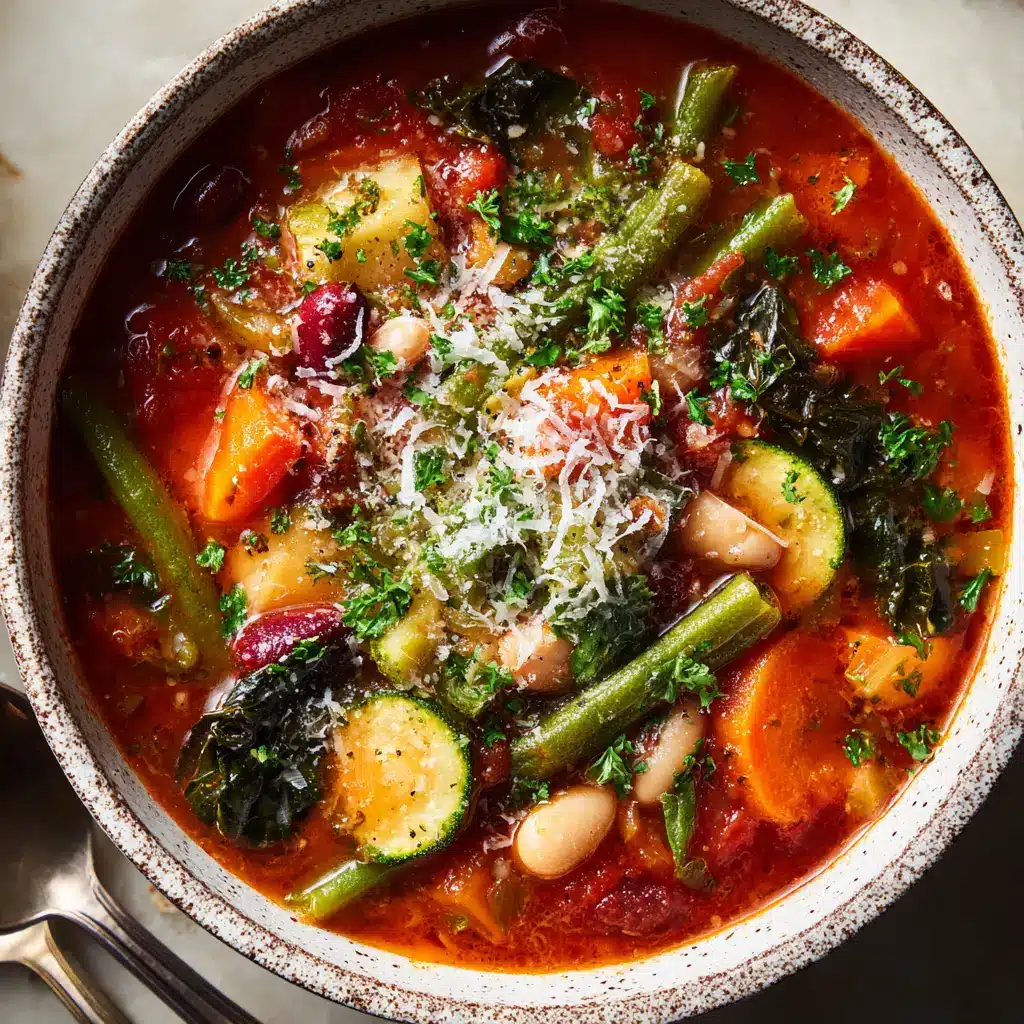 A spoonful of classic Italian soup being lifted from a bowl, showing the variety of beans, pasta, and vegetables in the rich tomato broth.