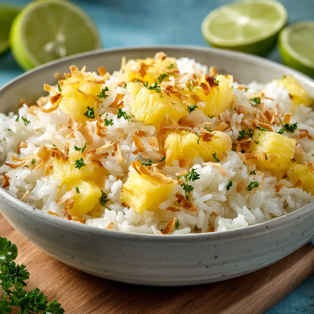 The ingredients for coconut pineapple rice, including jasmine rice, a can of coconut milk, and pineapple tidbits, arranged on a wooden surface.