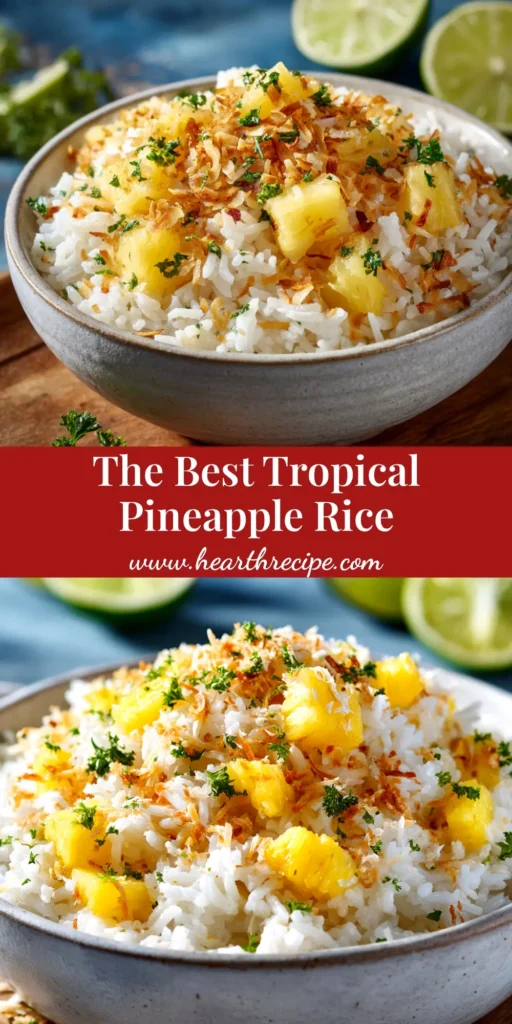 Coconut Pineapple Rice: The Only Tropical Side Dish You Need 3 An overhead shot of a white bowl filled with creamy Coconut Pineapple Rice, garnished with toasted coconut and fresh cilantro. This easy tropical side dish is perfect for any meal.