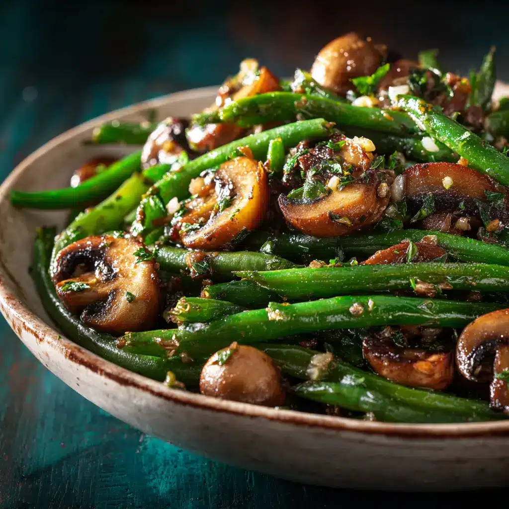 A spoonful of fresh garlic butter green beans being lifted from a skillet, showing off their crisp-tender texture.