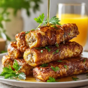 A close-up shot of sausage stuffed french toast roll-ups being pan-fried to a golden brown in a skillet.
