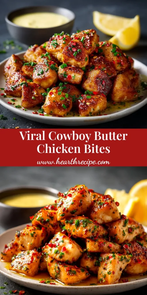 A skillet full of golden-brown Cowboy Butter Chicken Bites, garnished with fresh parsley. The chicken is coated in a glossy, herb-flecked garlic butter sauce.