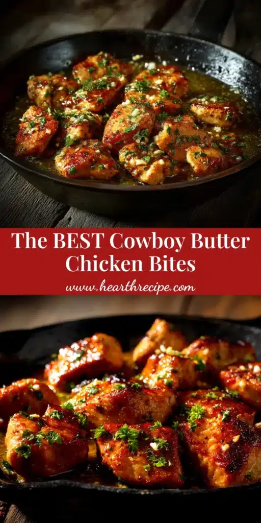 A skillet filled with juicy Cowboy Butter Chicken Bites, garnished with fresh parsley. The chicken pieces are golden brown and coated in a rich, delicious butter sauce.