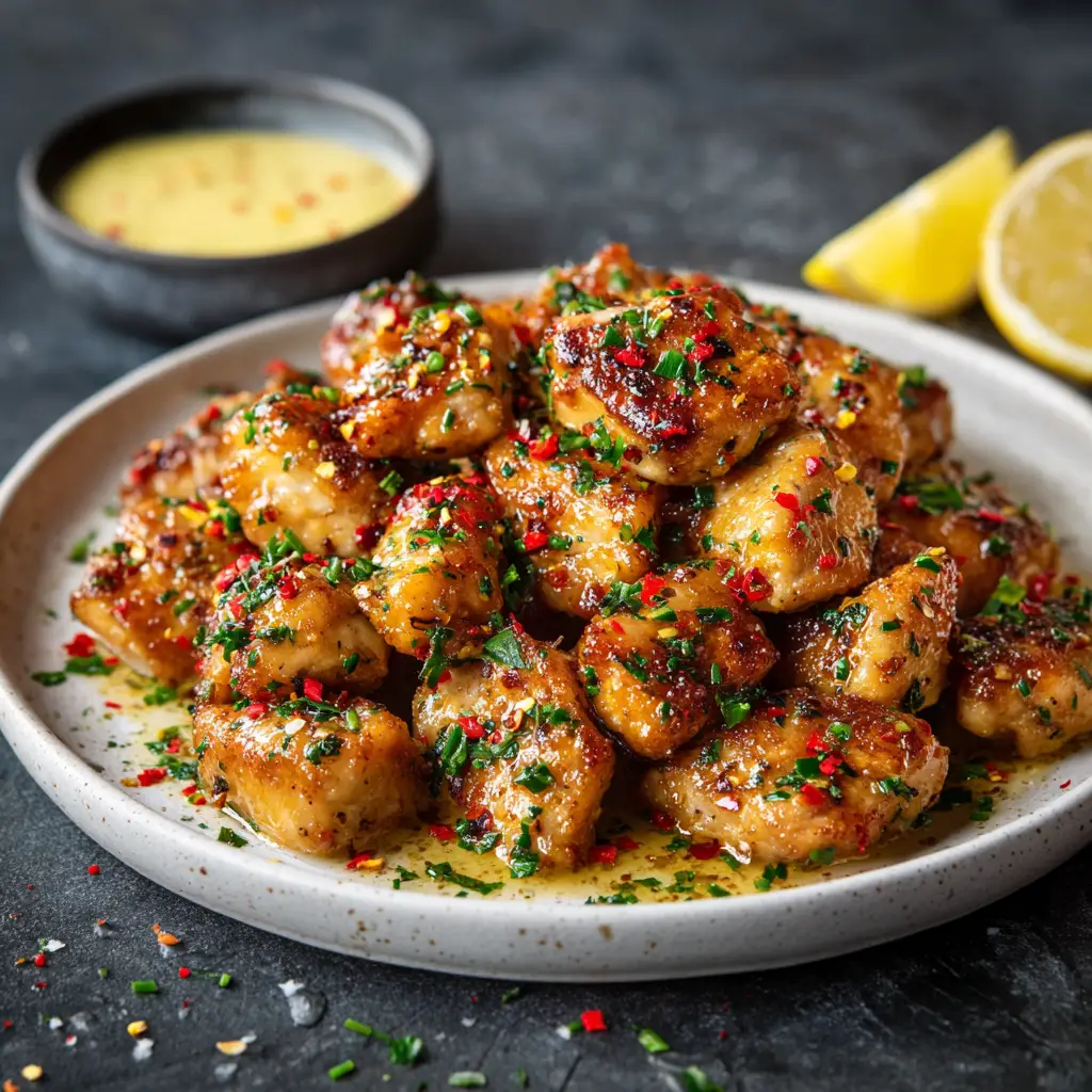 A bowl of finished Cowboy Butter Chicken Bites served over fluffy white rice, ready to eat. The zesty sauce lightly coats the rice.