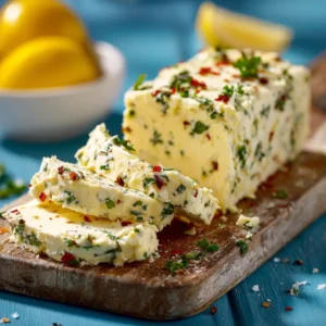 A log of solidified Cowboy Butter compound butter, speckled with fresh herbs and spices.