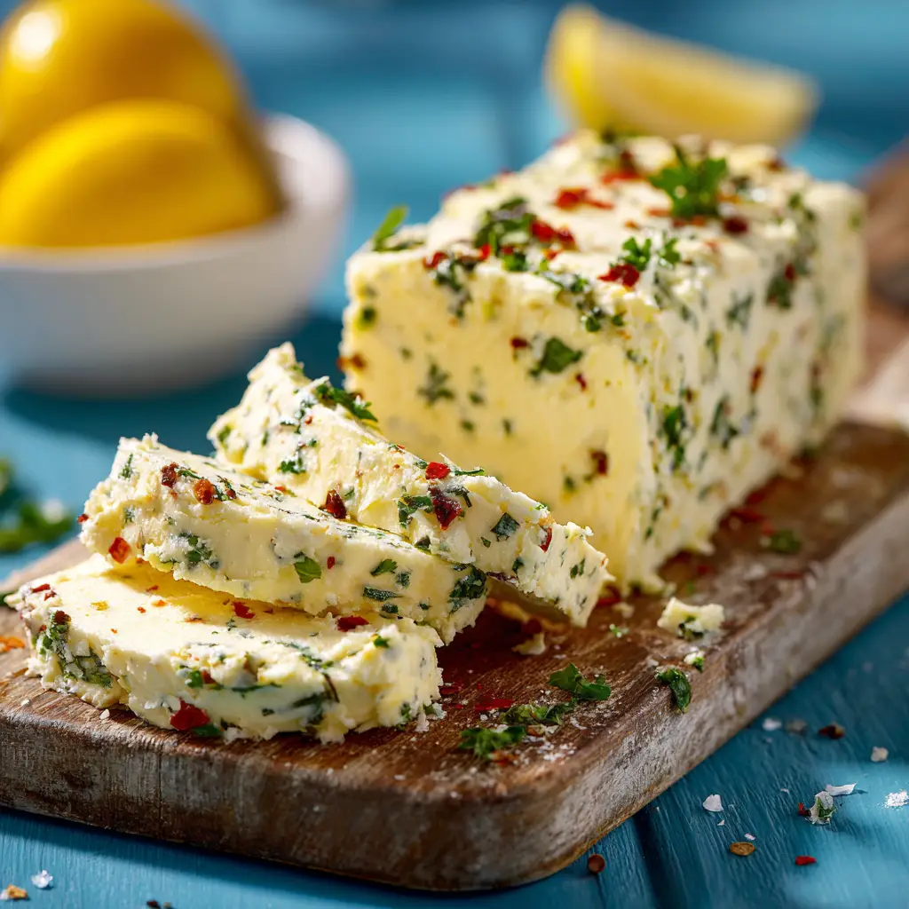 A log of solidified Cowboy Butter compound butter, speckled with fresh herbs and spices.