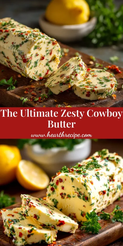 An overhead shot of the Cowboy Butter Recipe in a rustic bowl, ready for dipping. The sauce is a vibrant yellow-orange color, speckled with green herbs and red pepper flakes.
