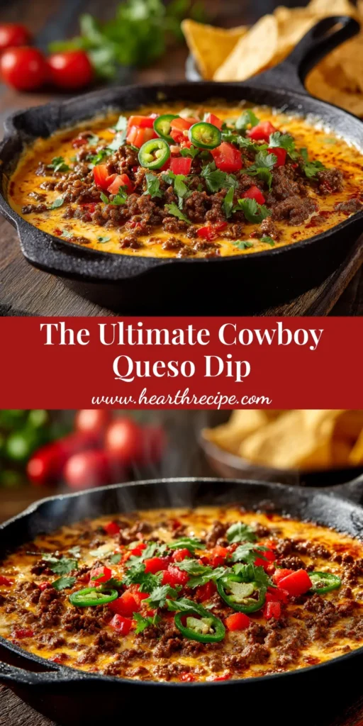 A shareable pin image of Cowboy Queso Dip, showing the cheesy sausage dip in a bowl with text overlay for Pinterest.