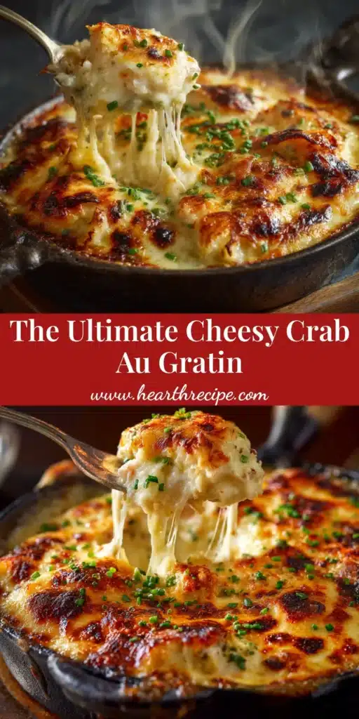 A shareable pin image for a homemade crab au gratin recipe. The image shows the cheesy baked crab casserole in a white baking dish, with text overlay that reads 'The Ultimate Crab Au Gratin Recipe'.