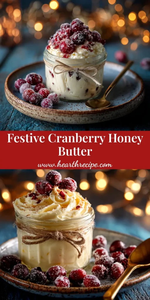 A shareable pin image showing a bowl of creamy pink Cranberry Honey Butter with a knife, ready to be spread on bread for the holidays.